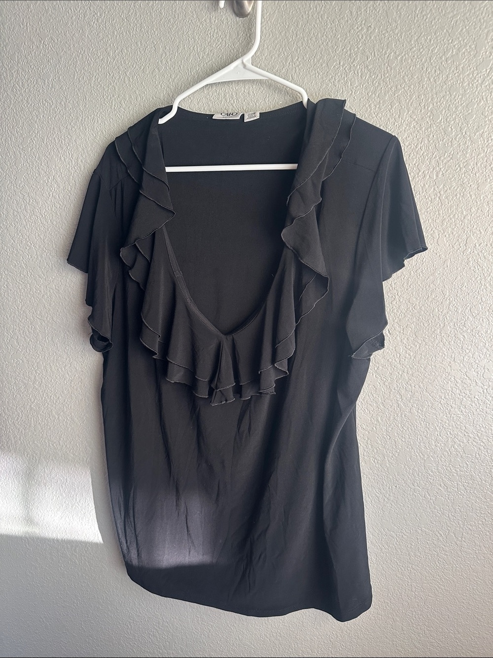 Cato Black Ruffle-Front Short Sleeve Blouse